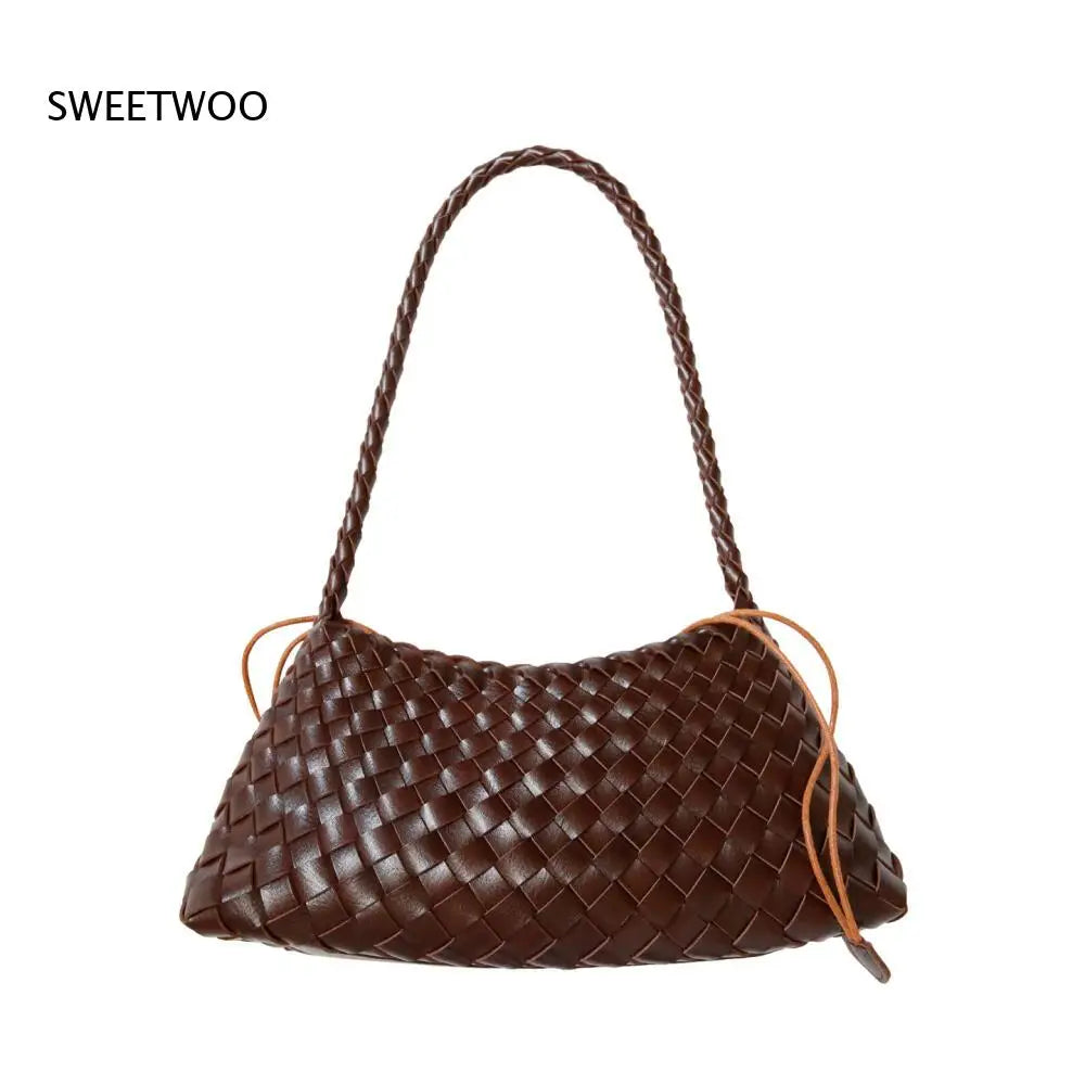 Gewebte Leder Bucket Bag Damen – 2-in-1 Schultertasche mit Kordelzug