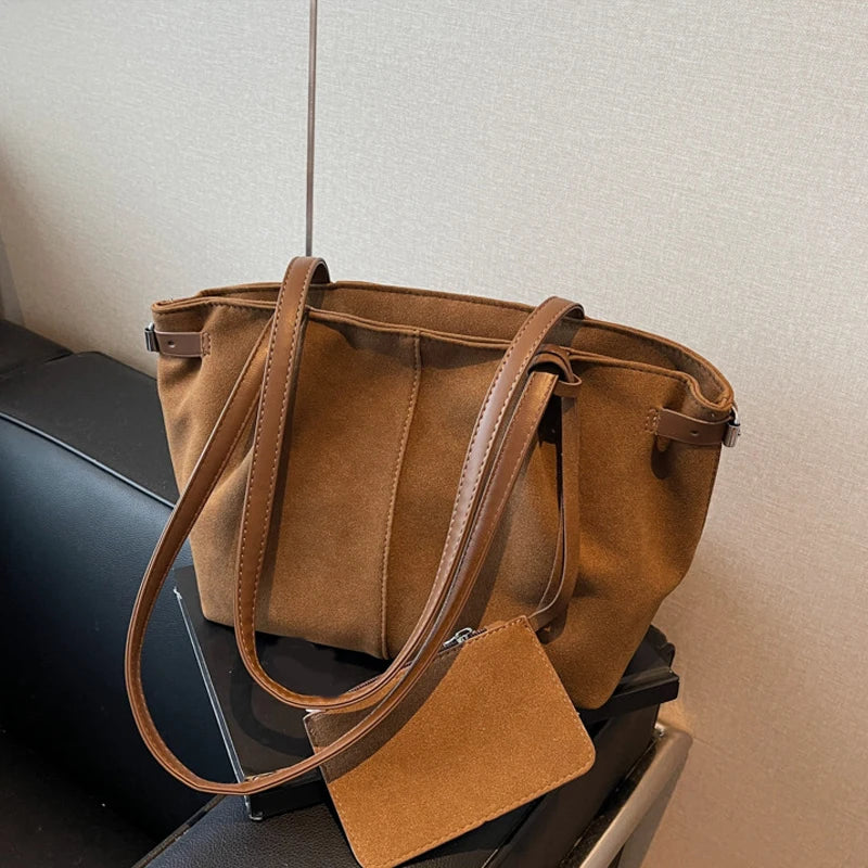 Wildleder Schultertasche Damen – Leichte Große Shopper Bucket Bag