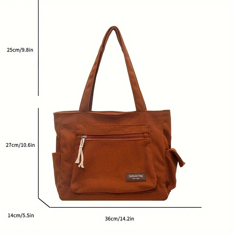 Cord Tote Bag Damen – Retro Schultertasche mit mehreren Fächern
