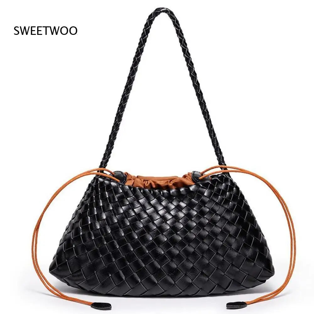 Gewebte Leder Bucket Bag Damen – 2-in-1 Schultertasche mit Kordelzug