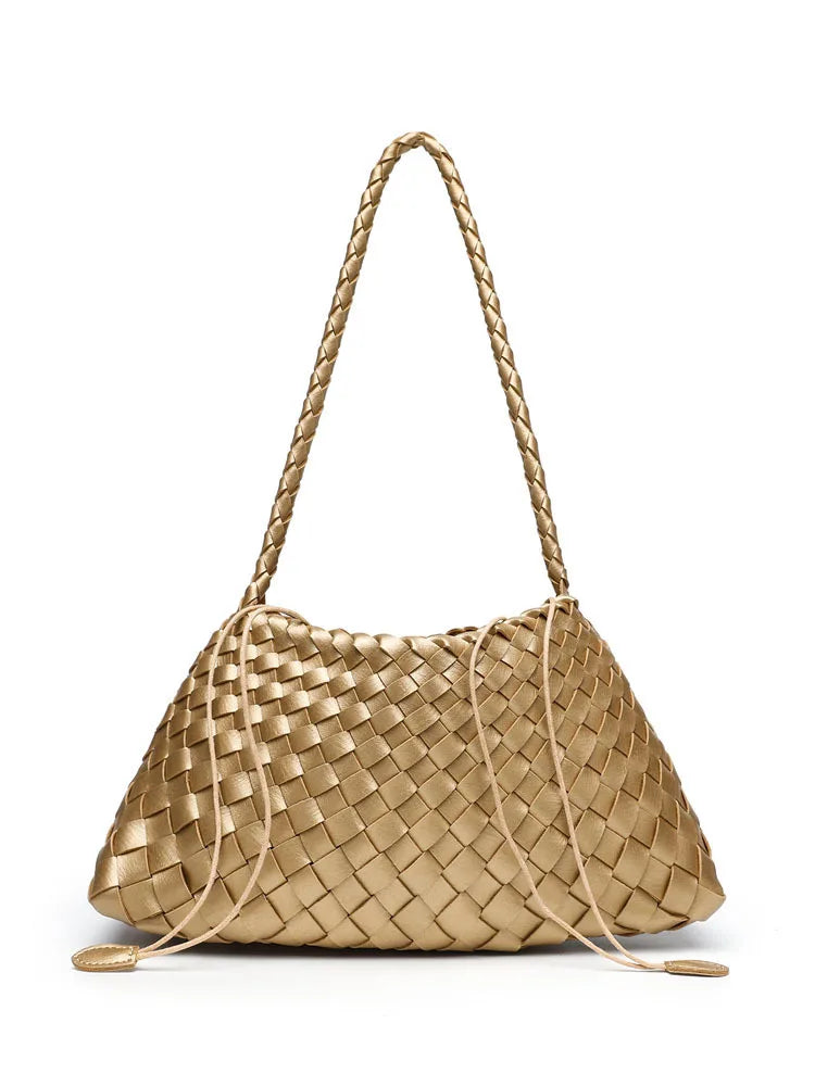 Gewebte Leder Bucket Bag Damen – 2-in-1 Schultertasche mit Kordelzug