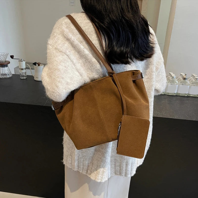 Wildleder Schultertasche Damen – Leichte Große Shopper Bucket Bag