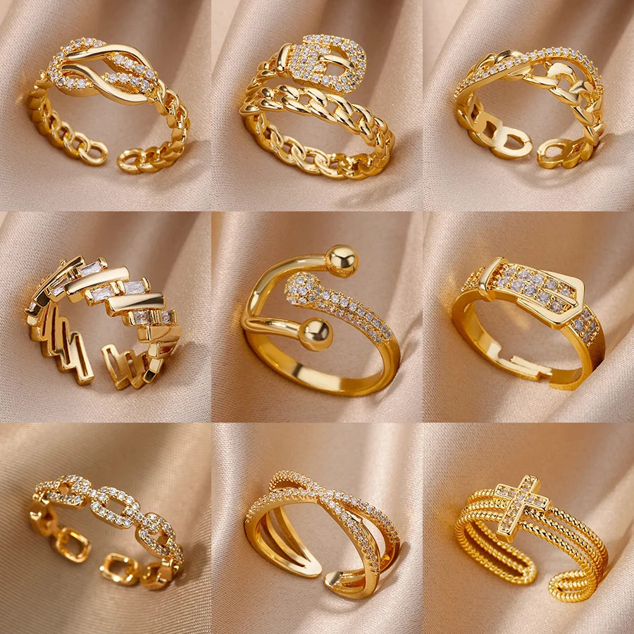 Kettenring mit Zirkonia & Kreuz – Offener Goldring für Damen