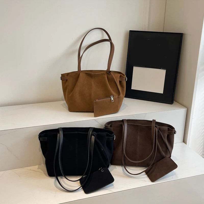 Wildleder Schultertasche Damen – Leichte Große Shopper Bucket Bag