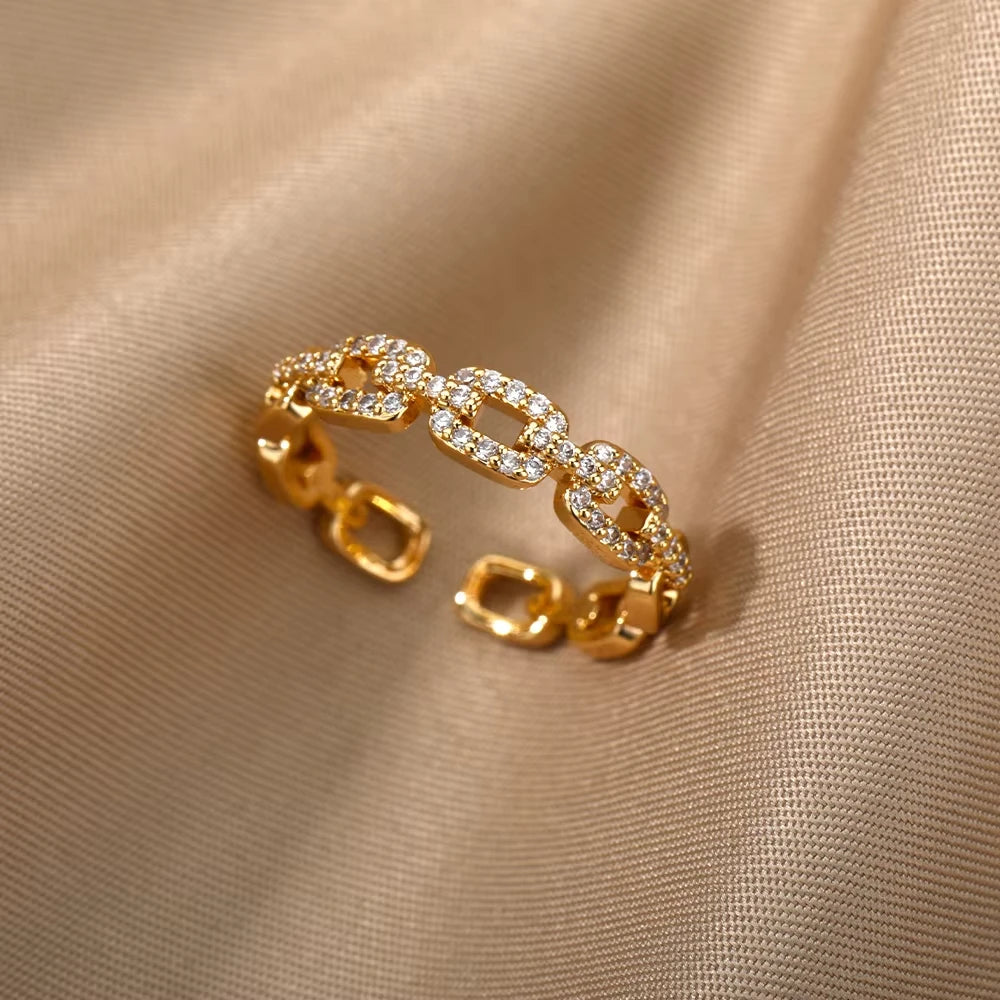 Kettenring mit Zirkonia & Kreuz – Offener Goldring für Damen