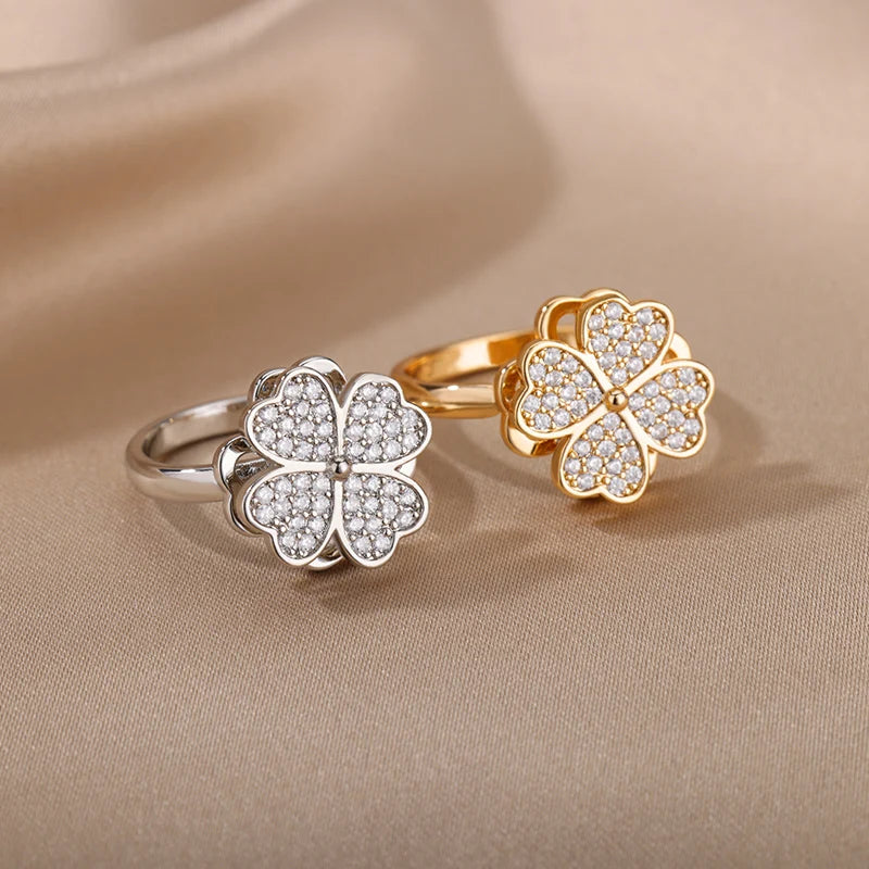 Drehring Vierblättriges Kleeblatt – Anti-Stress-Ring Gold Edelstahl