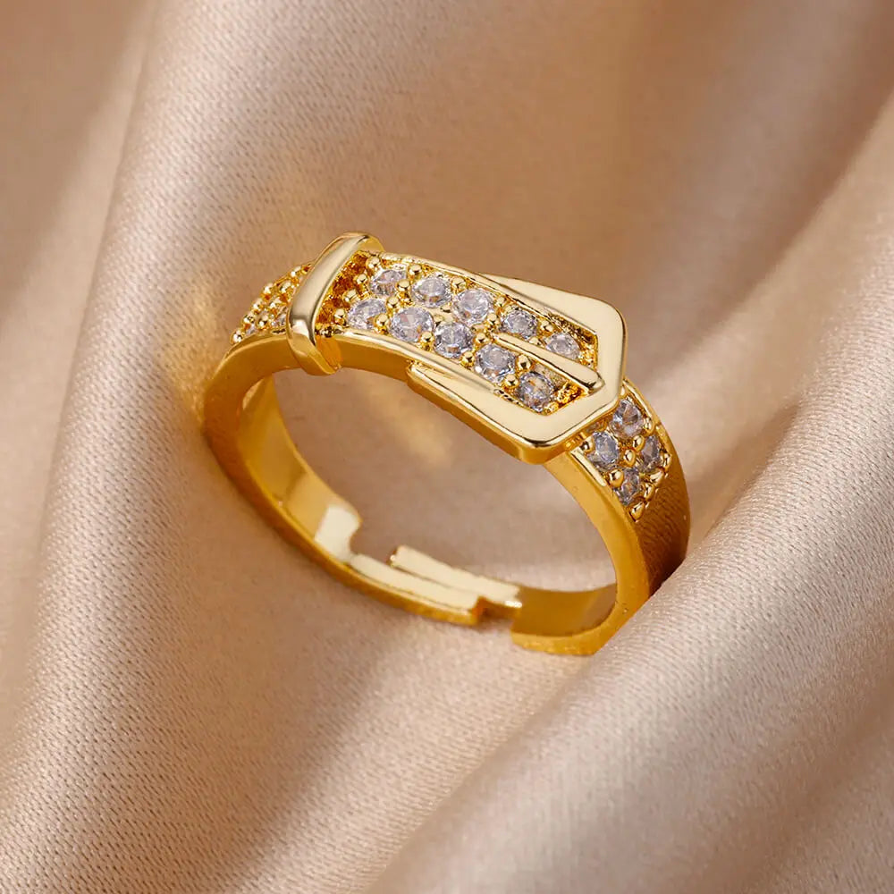 Kettenring mit Zirkonia & Kreuz – Offener Goldring für Damen