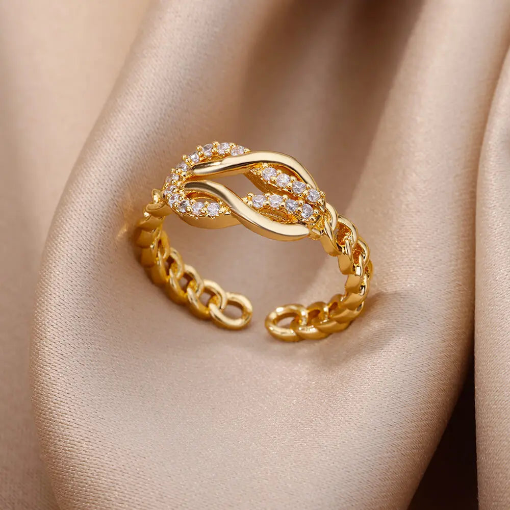 Kettenring mit Zirkonia & Kreuz – Offener Goldring für Damen