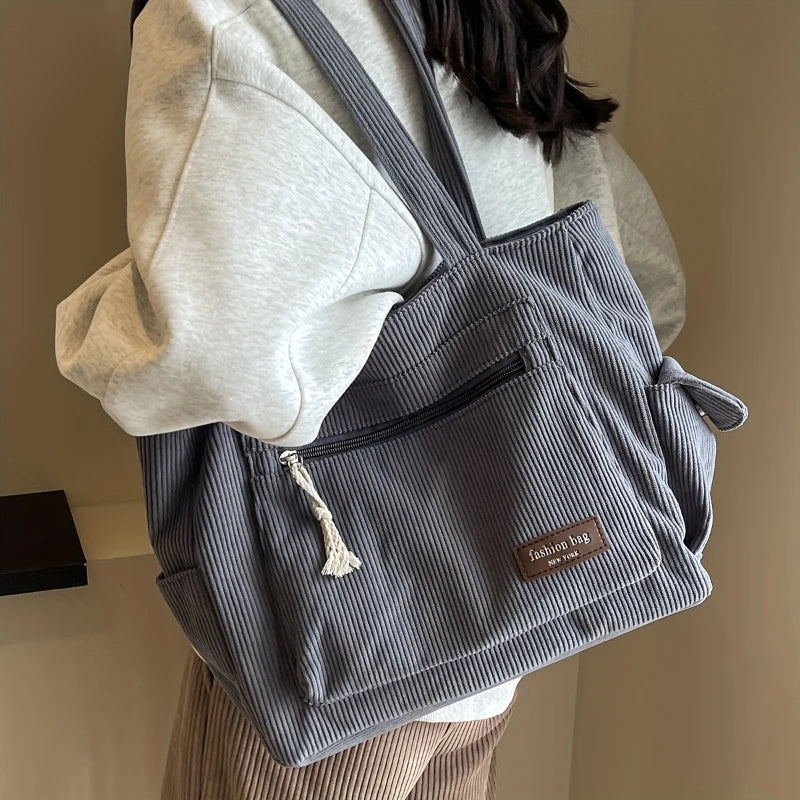 Cord Tote Bag Damen – Retro Schultertasche mit mehreren Fächern