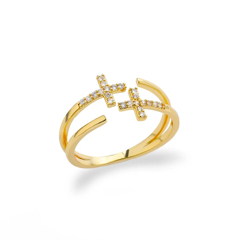 Kettenring mit Zirkonia & Kreuz – Offener Goldring für Damen