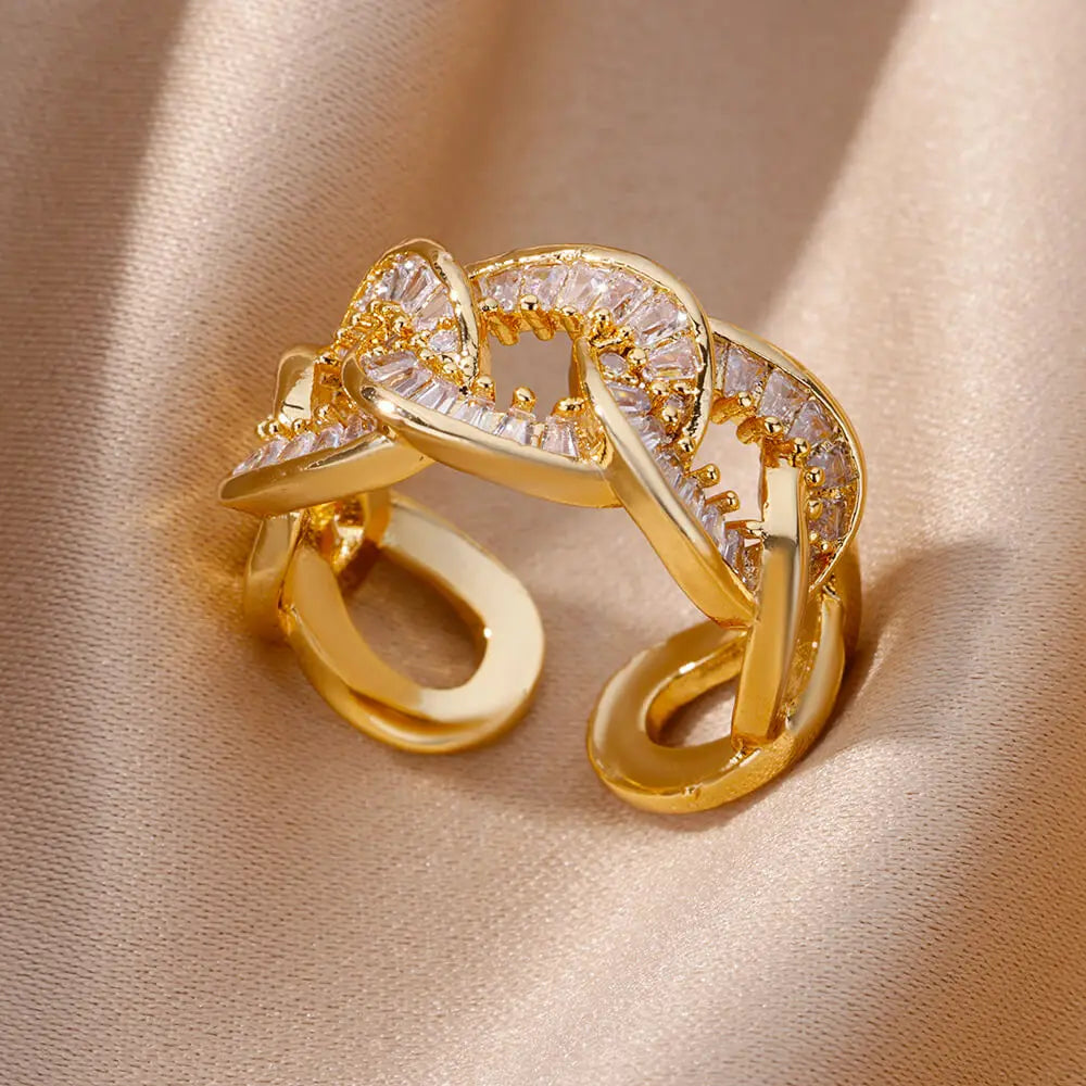 Kettenring mit Zirkonia & Kreuz – Offener Goldring für Damen