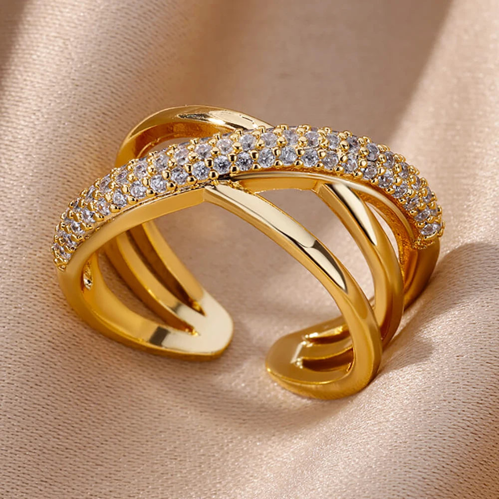 Kettenring mit Zirkonia & Kreuz – Offener Goldring für Damen
