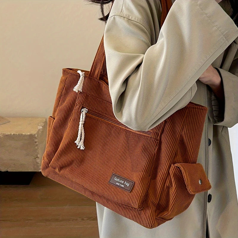 Cord Tote Bag Damen – Retro Schultertasche mit mehreren Fächern