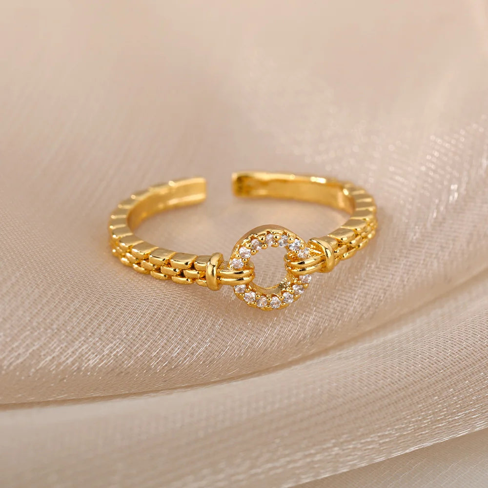 Kettenring mit Zirkonia & Kreuz – Offener Goldring für Damen