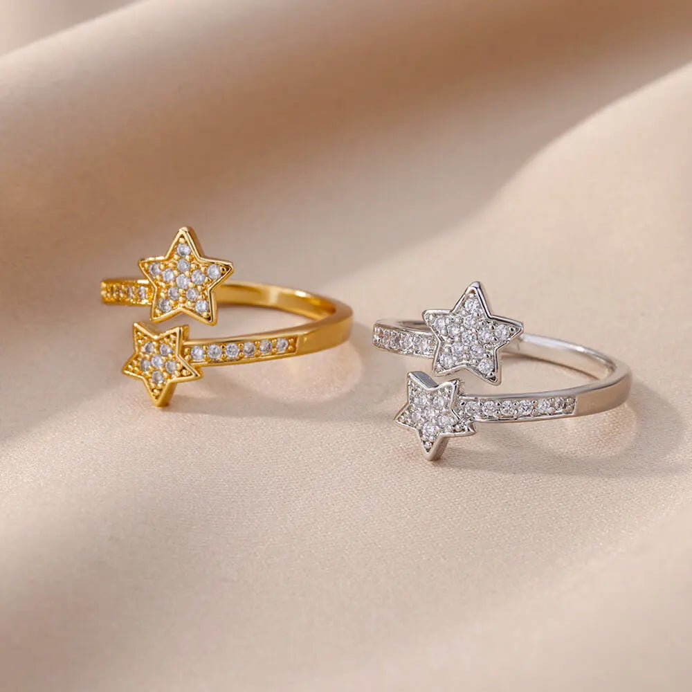 Zirkonia Doppelstern-Ring Gold – Trendiger Edelstahlring für Damen