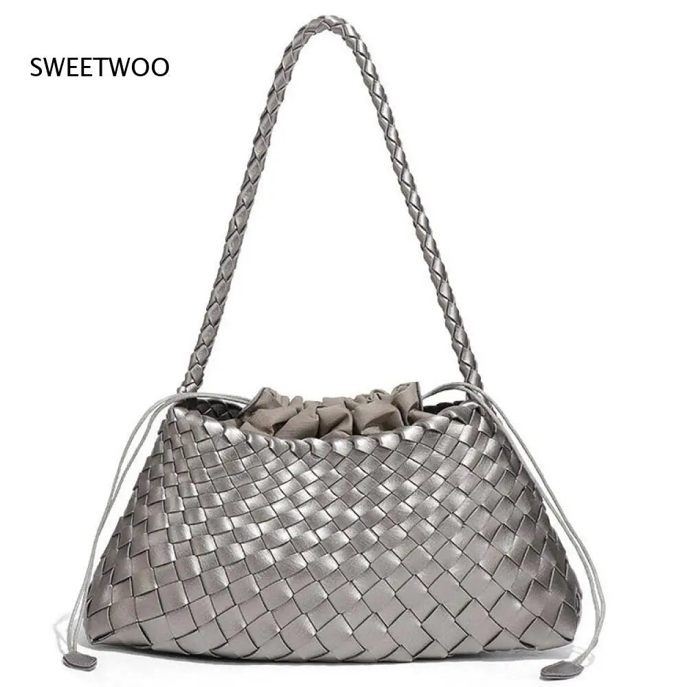 Gewebte Leder Bucket Bag Damen – 2-in-1 Schultertasche mit Kordelzug