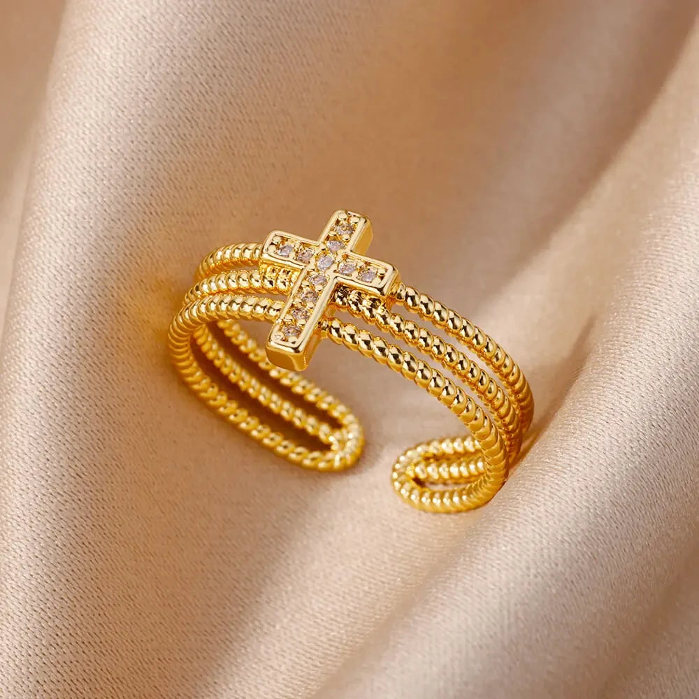 Kettenring mit Zirkonia & Kreuz – Offener Goldring für Damen