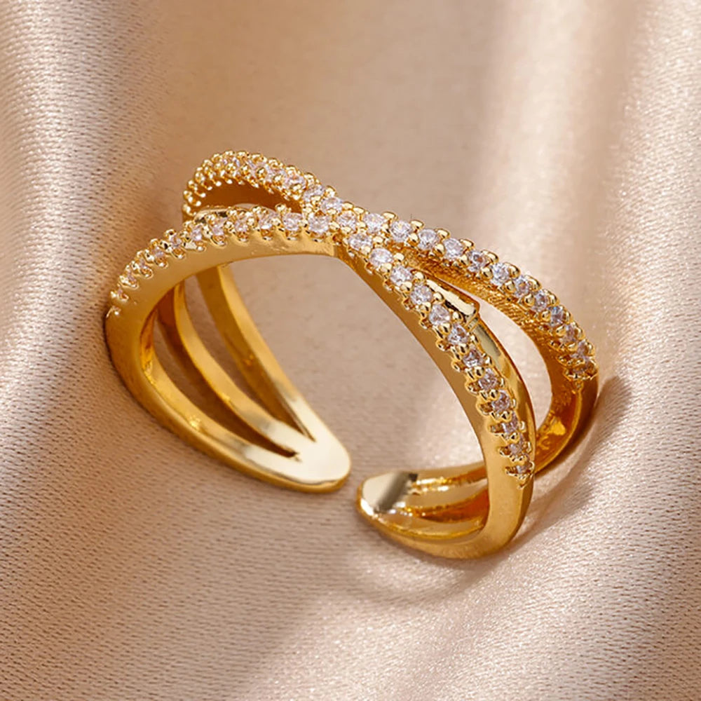 Kettenring mit Zirkonia & Kreuz – Offener Goldring für Damen