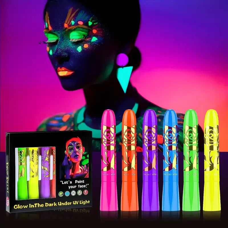 UV Neon Gesichtsfarben-Set 6-teilig – Leuchtet unter UV-Licht, Wasserbasierende Formel