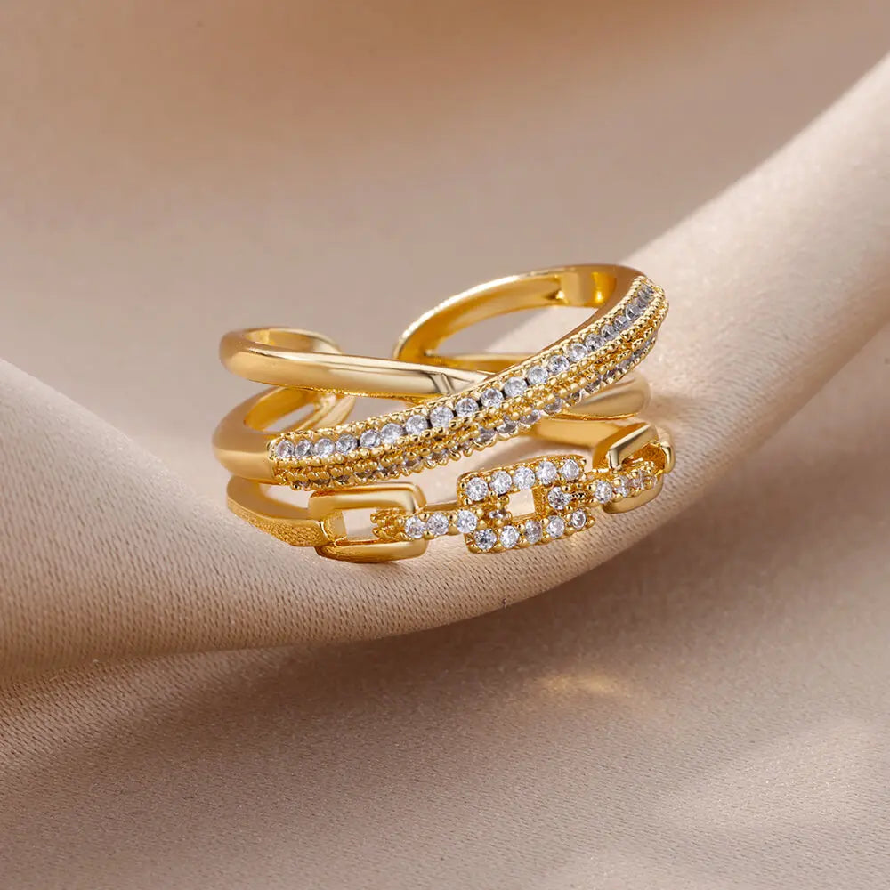 Kettenring mit Zirkonia & Kreuz – Offener Goldring für Damen