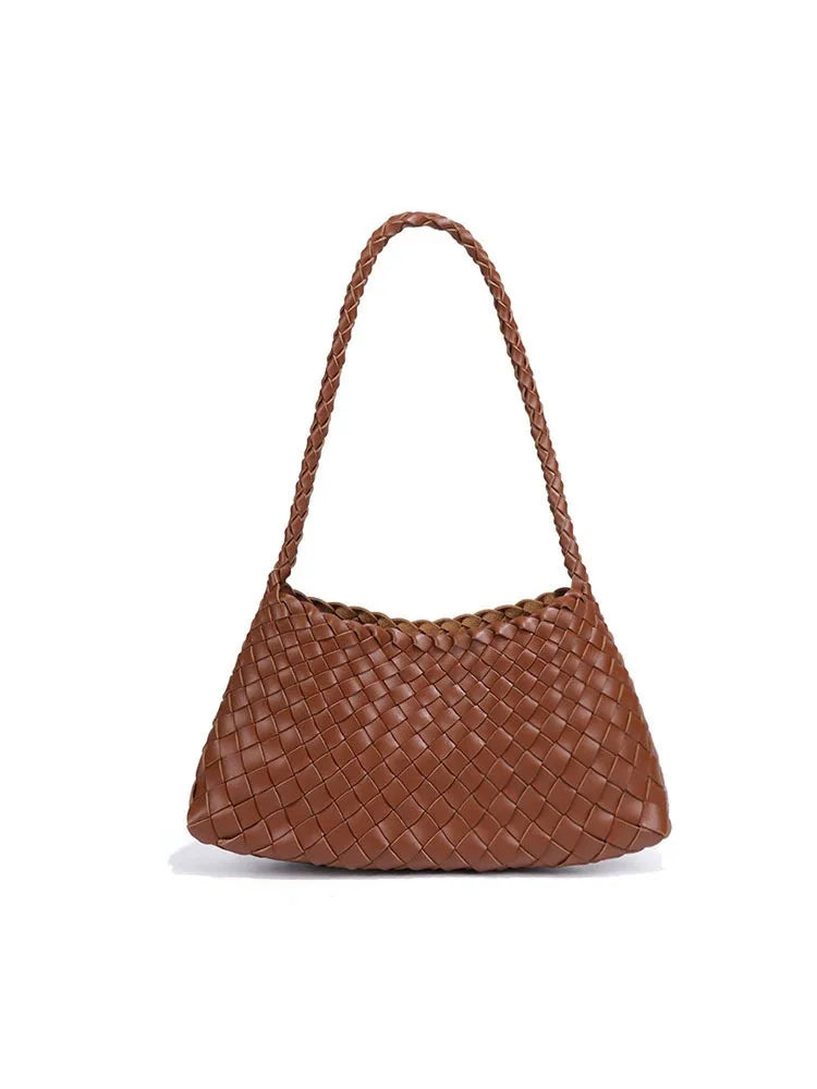 Gewebte Leder Bucket Bag Damen – 2-in-1 Schultertasche mit Kordelzug