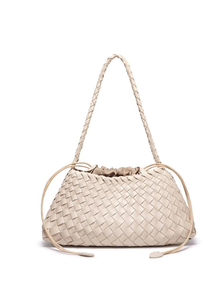 Gewebte Leder Bucket Bag Damen – 2-in-1 Schultertasche mit Kordelzug