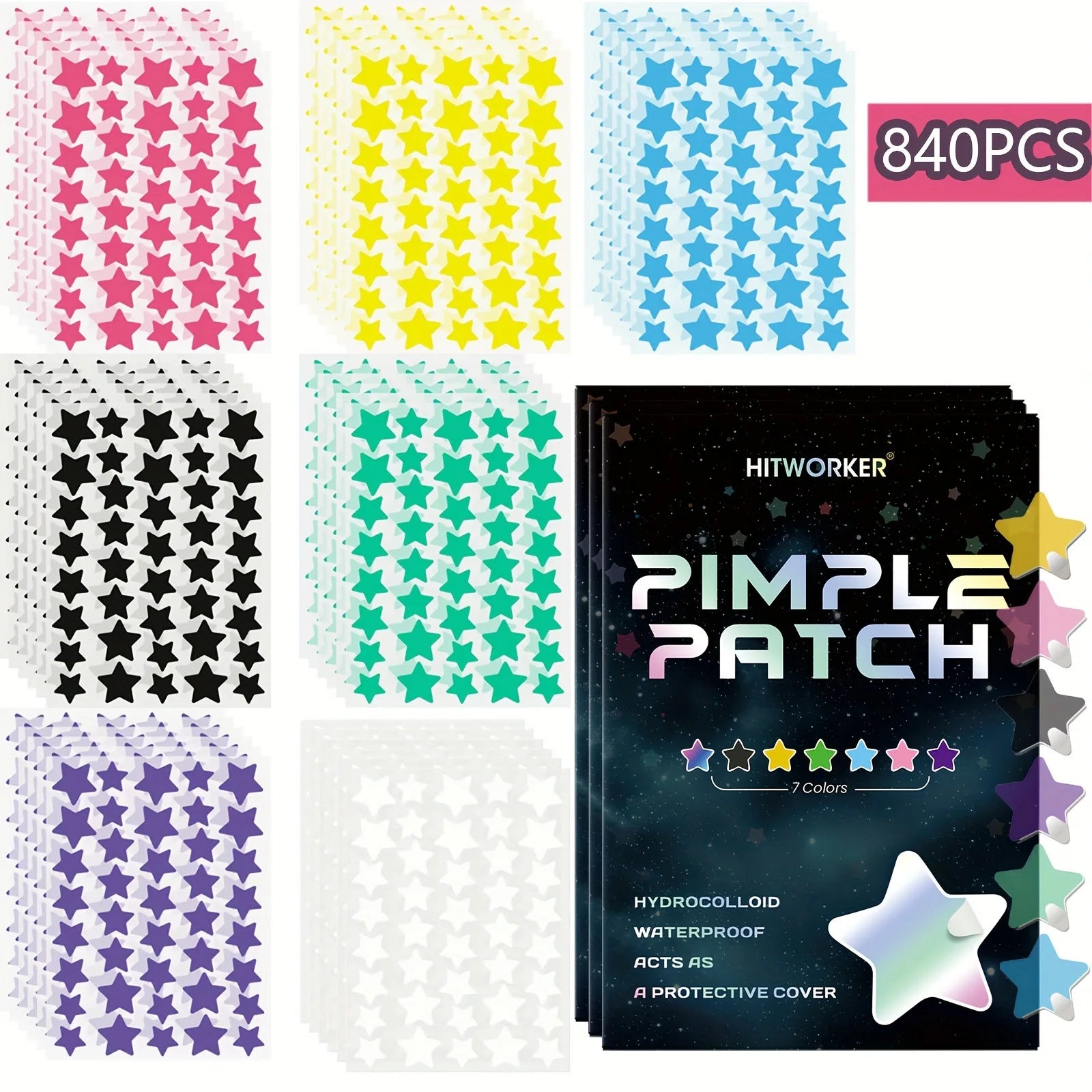 Stern Pickel-Patches 840 Stück – 7 Farben Hydrokolloid Akne-Pflaster
