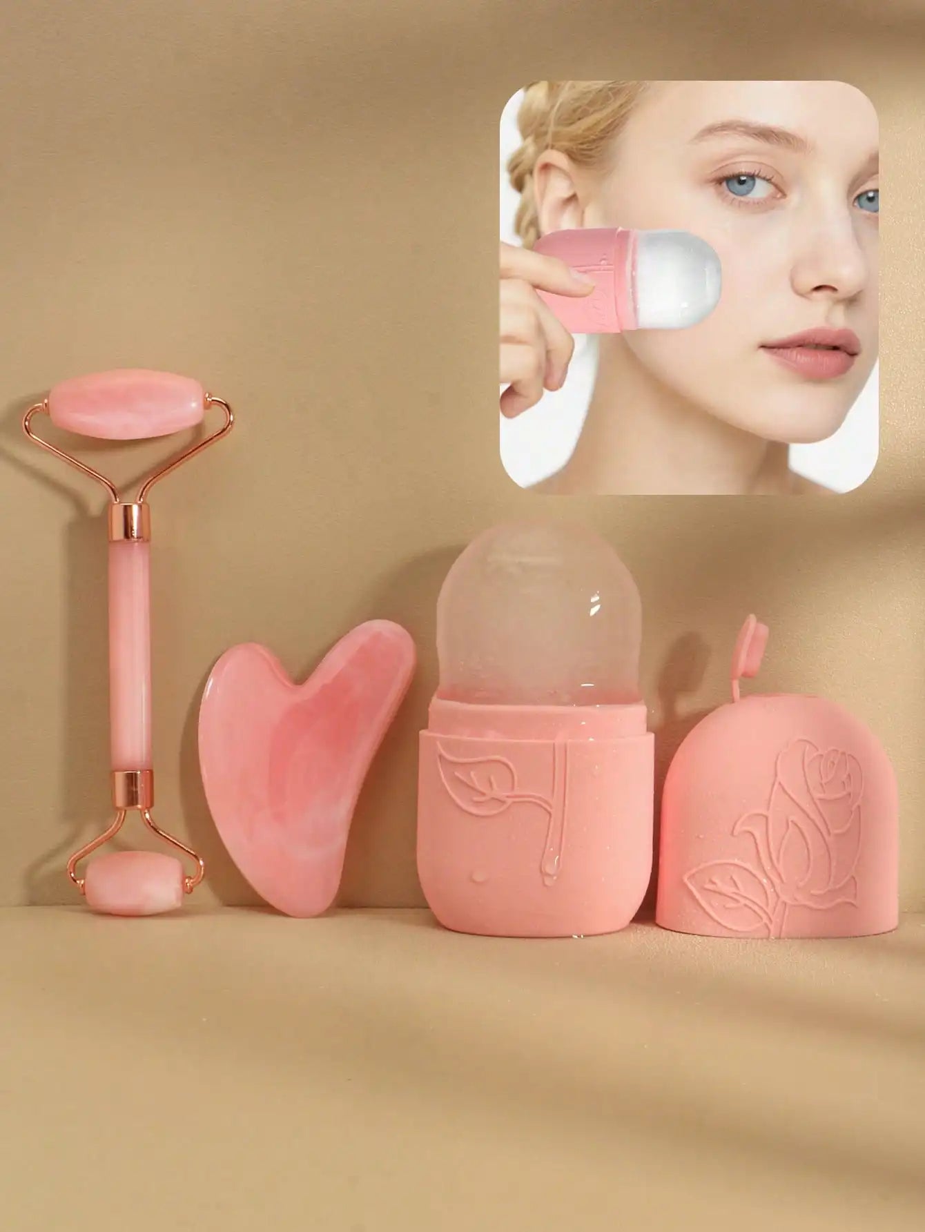 3-teiliges Gesichtsmassage-Set – Roller, Massagestab & Eis-Gel-Pack