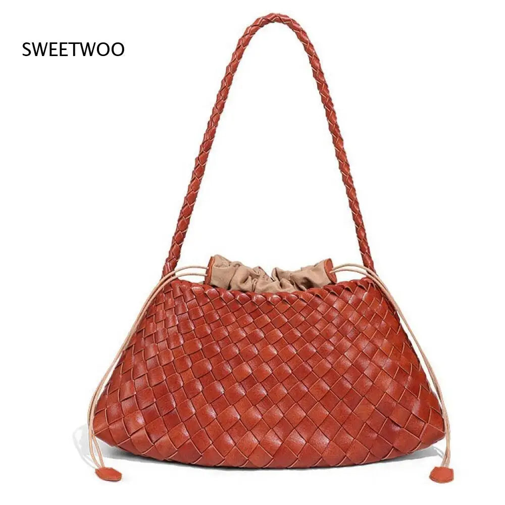 Gewebte Leder Bucket Bag Damen – 2-in-1 Schultertasche mit Kordelzug