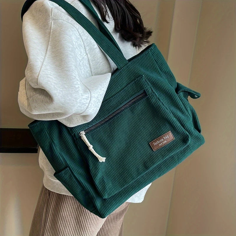 Cord Tote Bag Damen – Retro Schultertasche mit mehreren Fächern