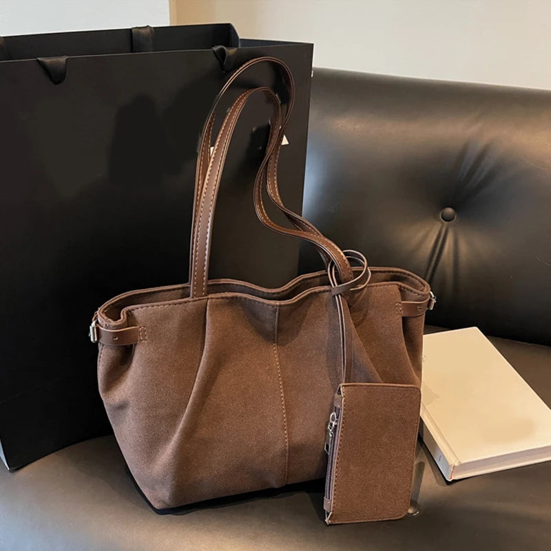 Wildleder Schultertasche Damen – Leichte Große Shopper Bucket Bag